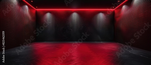 Studio interior with carbon fiber texture. Modern carbon fiber textured red black interior with light. Background for mounting, product placement. Vector background, template, mock-up.