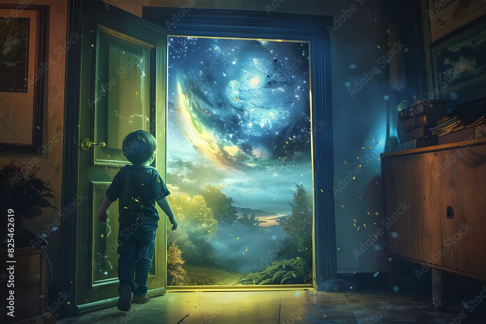 The child looks out the door into the imaginary fantasy world The child looks out the door into the imaginary fantasy world