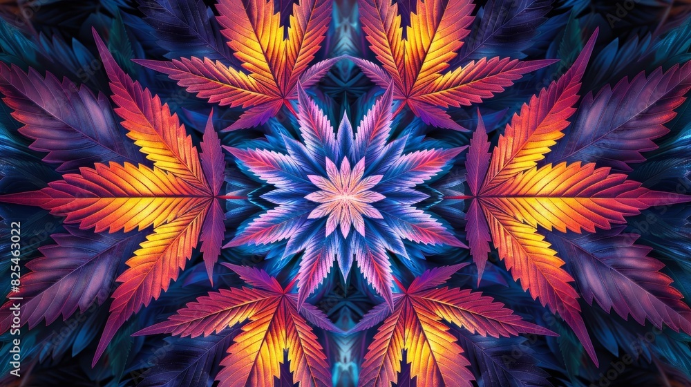 A kaleidoscopic pattern formed by repeating cannabis leaf motifs, rendered in a vibrant, psychedelic style