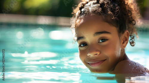 A young girl is smiling and looking at the camera while swimming in a pool. Concept of joy and happiness, Teenage biracial girl enjoys a sunny day in the pool © Nataliia_Trushchenko