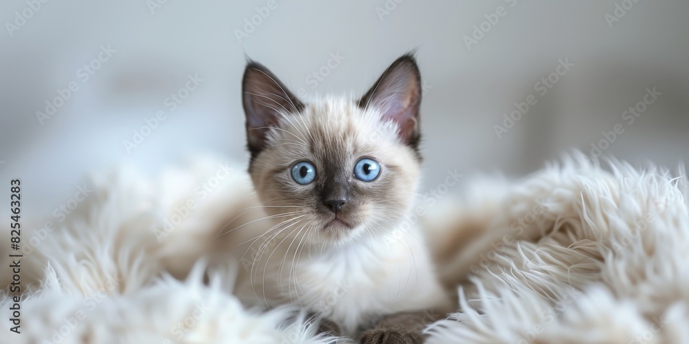 Obraz premium Siamese Cat With Blue Eyes Sitting on Fluffy Blanket