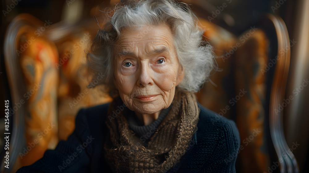 Close-up Portrait of an Elderly Woman with Gray Hair Sitting in a Chair Close-up Portrait of an Elderly Woman with Gray Hair Sitting in a Chair