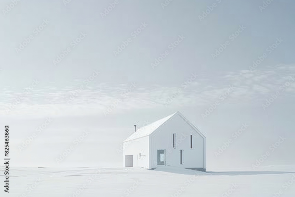 A white house is standing in a snow-covered field A white house is standing in a snow-covered field