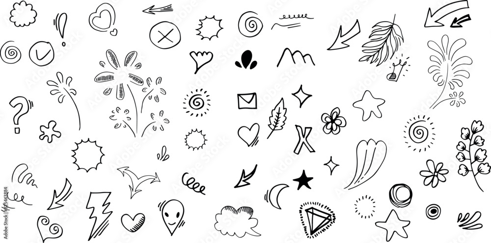 Doodle line sparkles and rays. Hand drawn explosion lines confetti, sun burst, decorative effect surprise elements. Sketch comic celebrating splash and sign. Vector Doodle line sparkles and rays. Hand drawn explosion lines confetti, sun burst, decorative effect surprise elements. Sketch comic celebrating splash and sign. Vector