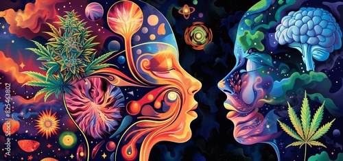 An abstract representation of the different effects of cannabis on the human psyche, rendered in a colorful, psychedelic style photo