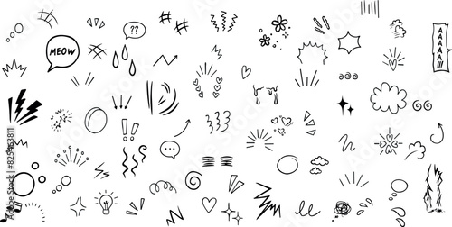 Doodle line sparkles and rays. Hand drawn explosion lines confetti, sun burst, decorative effect surprise elements. Sketch comic celebrating splash and sign. Vector	