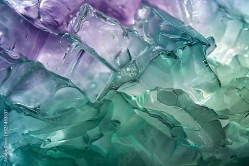 close up of ice with purple, blue and green colors, textured surface 