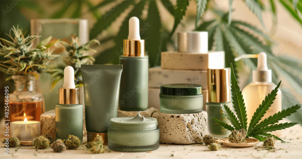Cannabis infused beauty products arranged on a table with natural elements