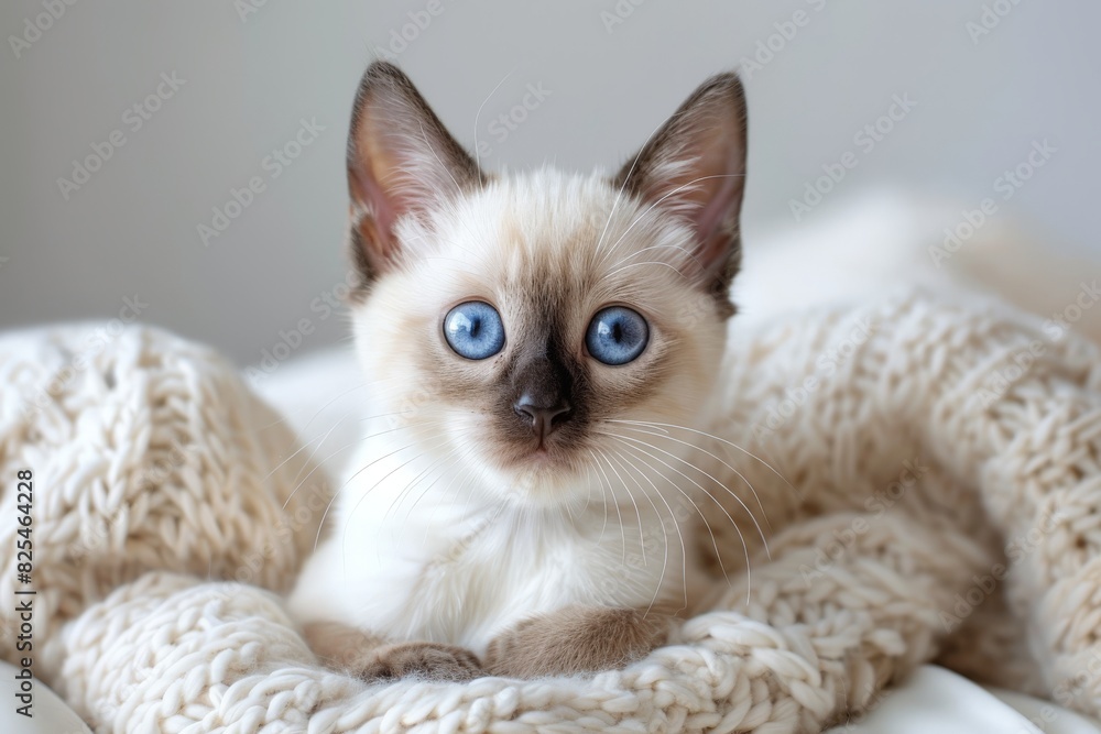 Obraz premium Siamese Cat With Blue Eyes Sitting on Blanket