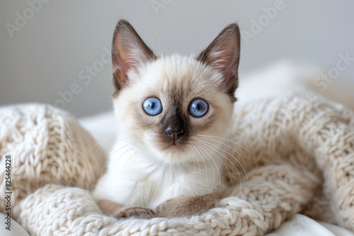 Siamese Cat With Blue Eyes Sitting on Blanket