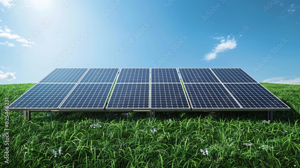 Solar Panel on Green Grass with Blue Sky - Generative AI Solar Panel on Green Grass with Blue Sky - Generative AI