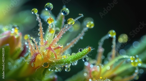 Close up of trichomes on a cannabis bud, glistening with resin