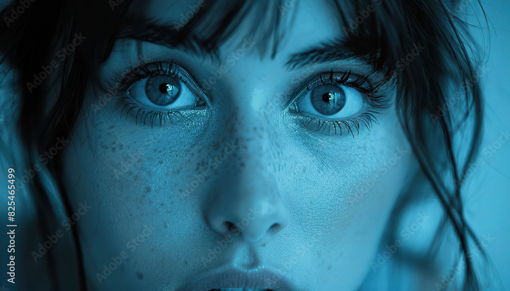 A young woman's face with freckles illuminated by blue light. Generated by AI A young woman's face with freckles illuminated by blue light. Generated by AI