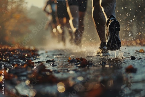 Closeup of runners' feet splashing through puddles on a leafcovered trail at sunset photo