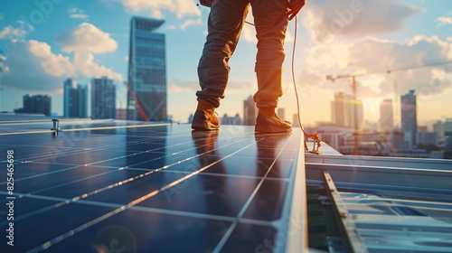 Solar Panel Installation on High-Tech Rooftop -Generative AI photo