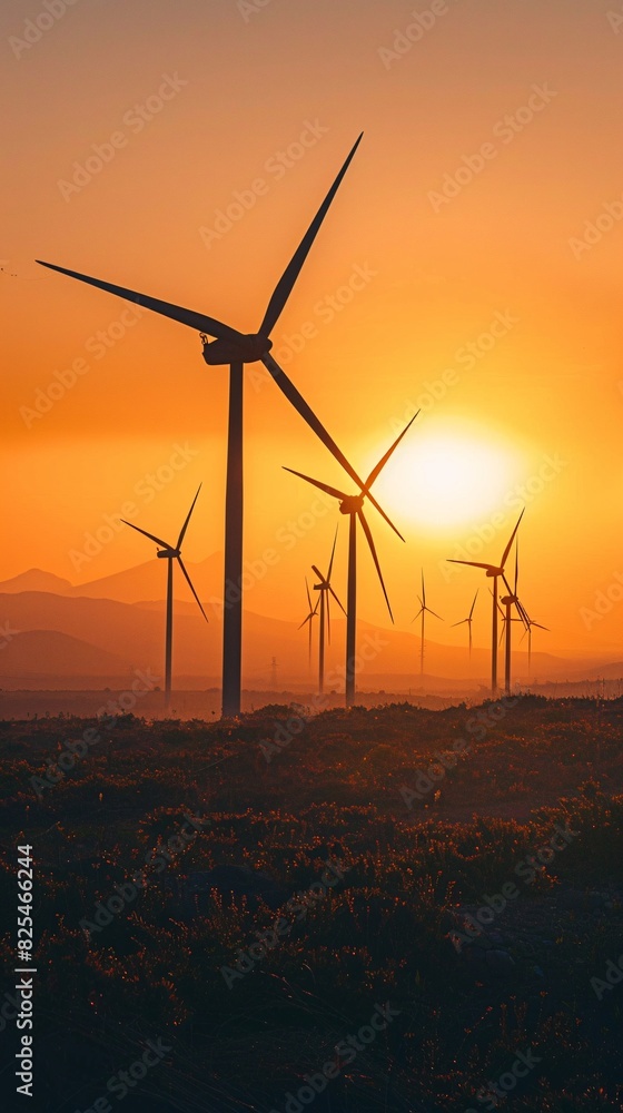 Wind turbines at sunset in a serene landscape - Generative AI Wind turbines at sunset in a serene landscape - Generative AI