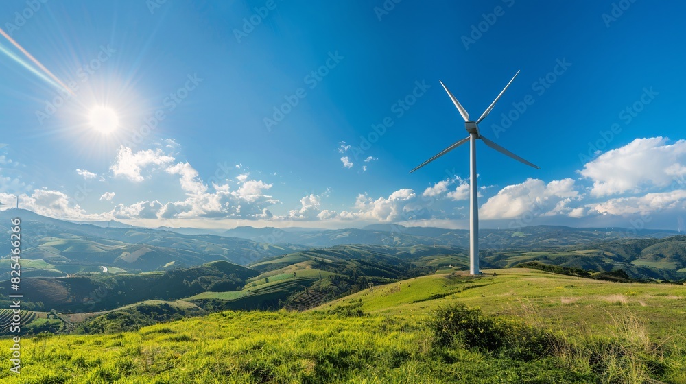 Wind turbines in a vibrant green field - Generative AI Wind turbines in a vibrant green field - Generative AI