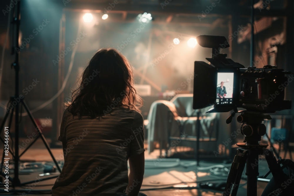 Person overseeing a movie set with camera and stage lights in the background Person overseeing a movie set with camera and stage lights in the background