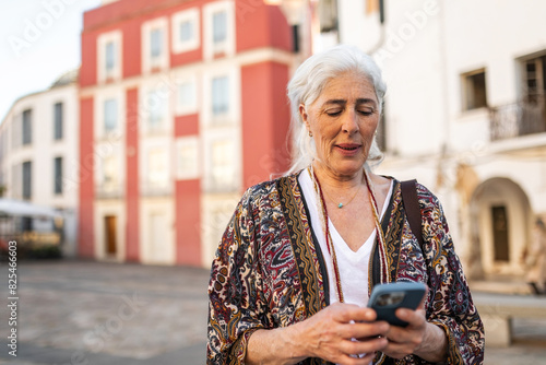 white haired woman using phone outdoors photo