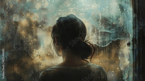 A woman is looking out a window at a blurry scene