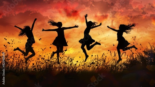 A group of four girls are jumping in the air