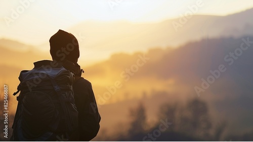  a solitary tourist with a backpack, gazing out over a mountain landscape at dawn, their silhouette framed by the soft, early morning light and a dreamy bokeh photo