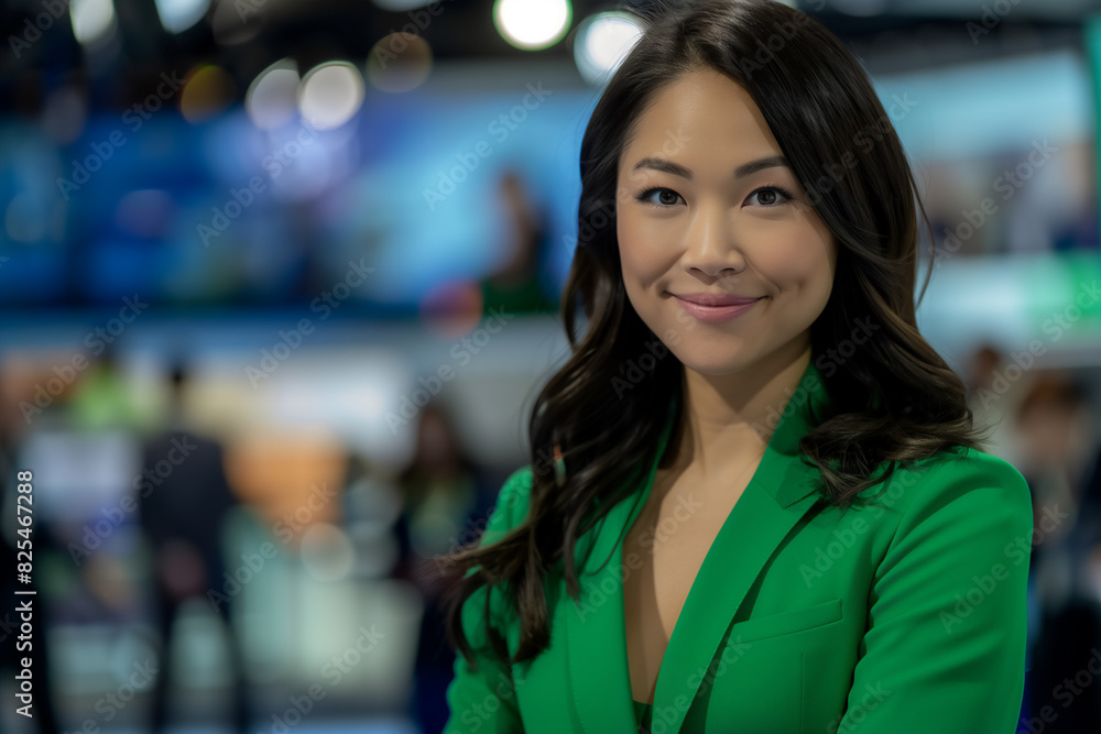 Portrait of a journalist in a green suit with a TV studio in the background. Portrait of a journalist in a green suit with a TV studio in the background.