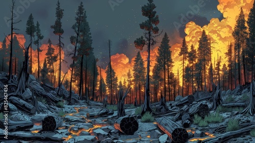 A petrified forest with blackened tree trunks, remnants of a past eruption