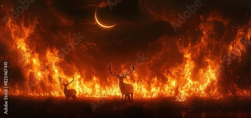 A lone deer silhouetted against a wall of flames in the distance, with a crescent moon hanging low in the sky