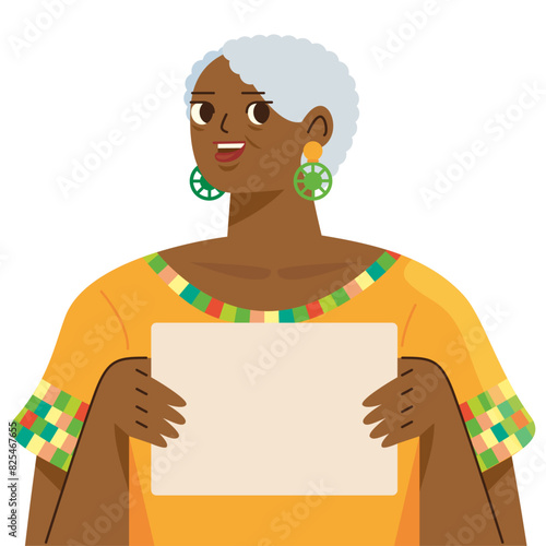 Illustration d'une belle femme âgée aux cheveux courts et bouclés gris et blanc, type Africain Caribéen, qui tient une pancarte dans ses mains et porte des vêtements colorés et joyeux