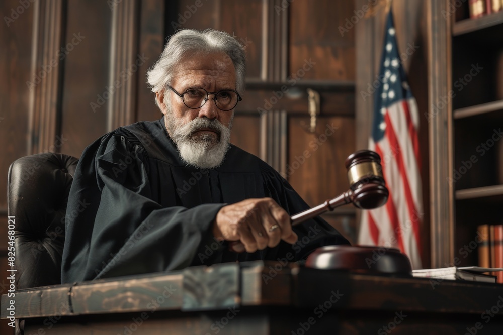 Veteran robed judge holding gavel with American flag behind him Veteran robed judge holding gavel with American flag behind him
