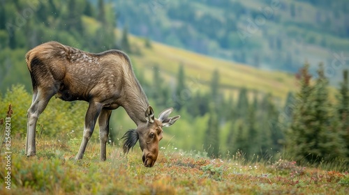 Female moose grazing on a hillside