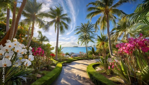 A tropical garden with vibrant orchids and palm trees  with a clear blue sky and ocean in the background.