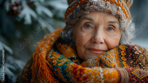 Close-up Portrait of an Elderly Woman in a Winter Setting