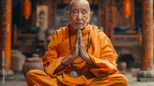 A man in an orange robe sitting in a chair with a bright orange background