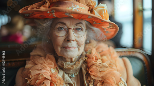 Smiling Elderly Woman in Orange Hat and Dress