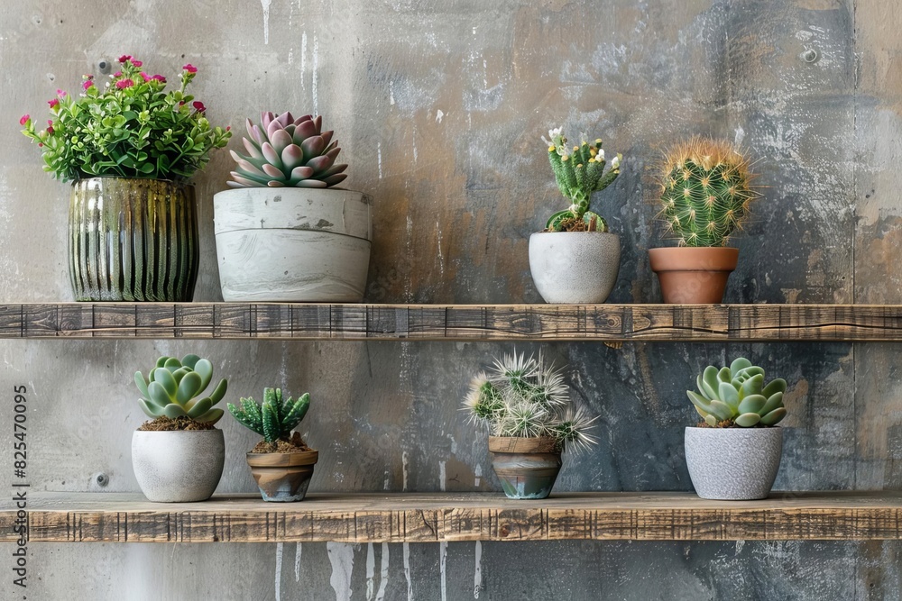 stylish home interior with mini potted plants cactus and succulents on wooden shelf concrete wall loft