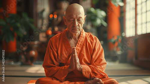 A man in orange robes meditating in a room with plants.