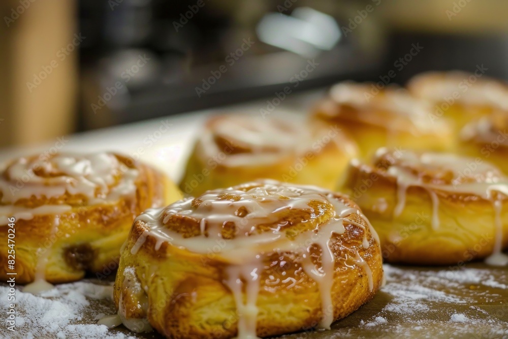 Freshly baked cinnamon rolls with icing on a rustic kitchen countertop, selective focus