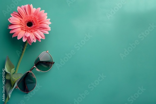 stylish pink flower and sunglasses artfully arranged on fresh green background flat lay photography photo