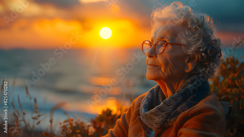 Silhouette of an Elderly Woman Looking at Sunset Over the Ocean