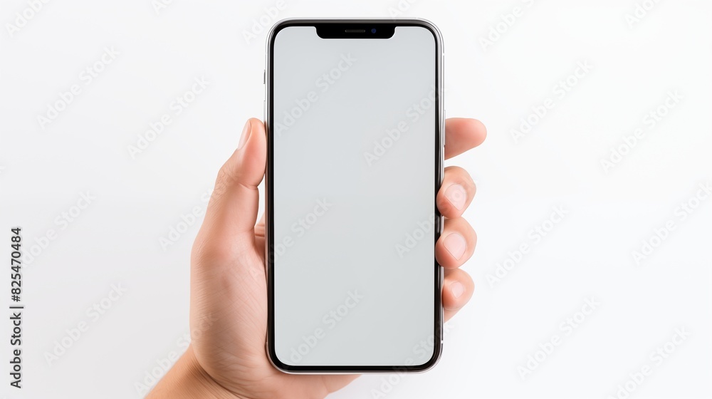 Person holding a smartphone with blank screen on a white background. Person holding a smartphone with blank screen on a white background.