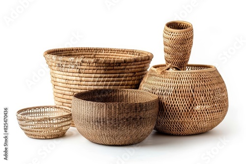 stylish rattan basket collection on white background interior design collage