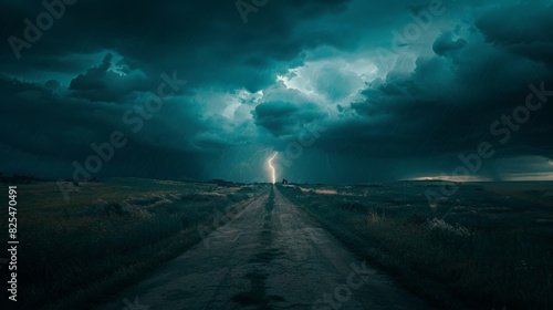 Stormy road in a dark field