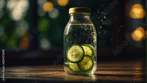 Healthy drink bottle summer whater cucumber slices limonade. photo