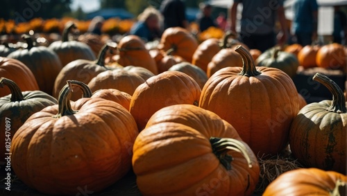 Close up orange pumpkins at outdoor farmers market. Autumn harvest concept. Organic farming and eco food.