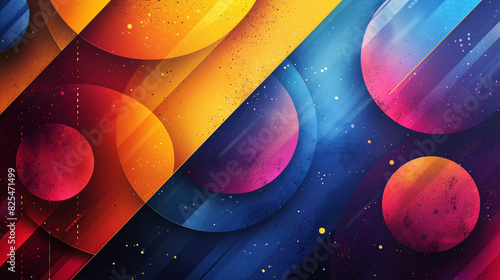 A vibrant background illustration featuring abstract geometric shapes in a spectrum of bright colors, creating a dynamic and lively composition