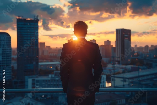 successful businessman standing in modern city at sunset thinking about future vision