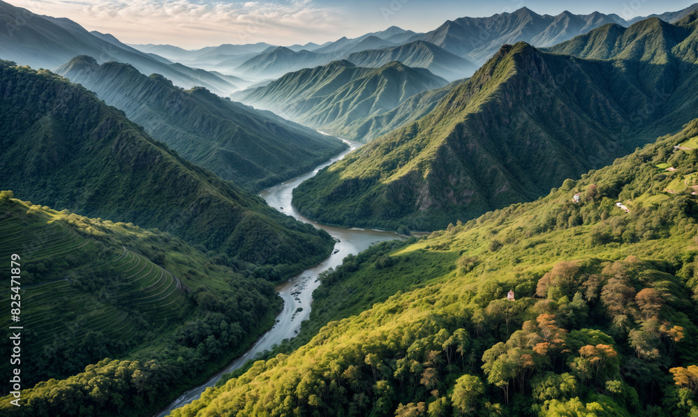 lush green valley with a river running through it. The valley is ...