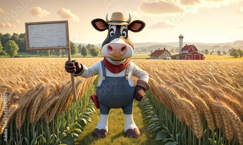 cow wearing overalls and a straw hat stands in a field of wheat, holding a sign with a blank board. In the background, there's a red barn and a windm photo